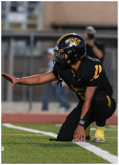 A person in a black and yellow football uniform is kneeling on a green field with one hand touching the ground and the other arm extended forward. Description generated by AI