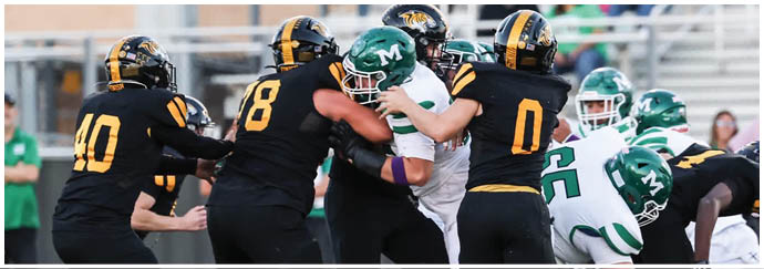 People wearing black and green football uniforms are engaged in a close physical play on a football field. Description generated by AI