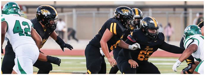 People in football uniforms are engaged in a play on a field with a blurred background of a stadium or sports facility. Description generated by AI