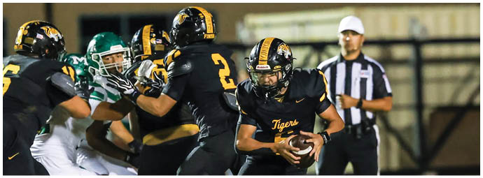 A group of people in football uniforms are engaged in a play on a field with one person holding the ball and a referee standing in the background. Description generated by AI