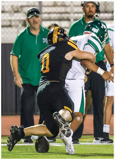 A person in a black and yellow football uniform is tackling another person in a white and green uniform on a football field. Description generated by AI