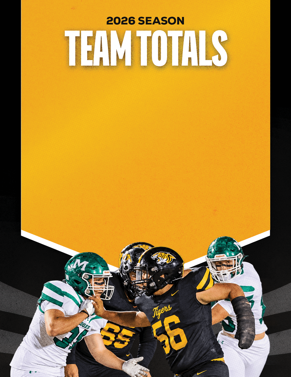 Three football players in action with two wearing green and white uniforms and one in a black and yellow uniform under a yellow banner reading 2026 season team totals. Description generated by AI