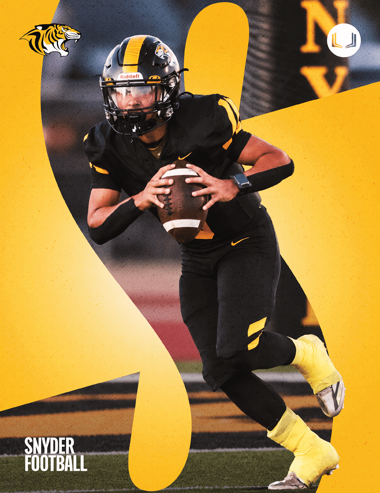 A person in a black and yellow football uniform is holding a football and running on a field with a yellow graphic background and the text “Snyder Football." Description generated by AI