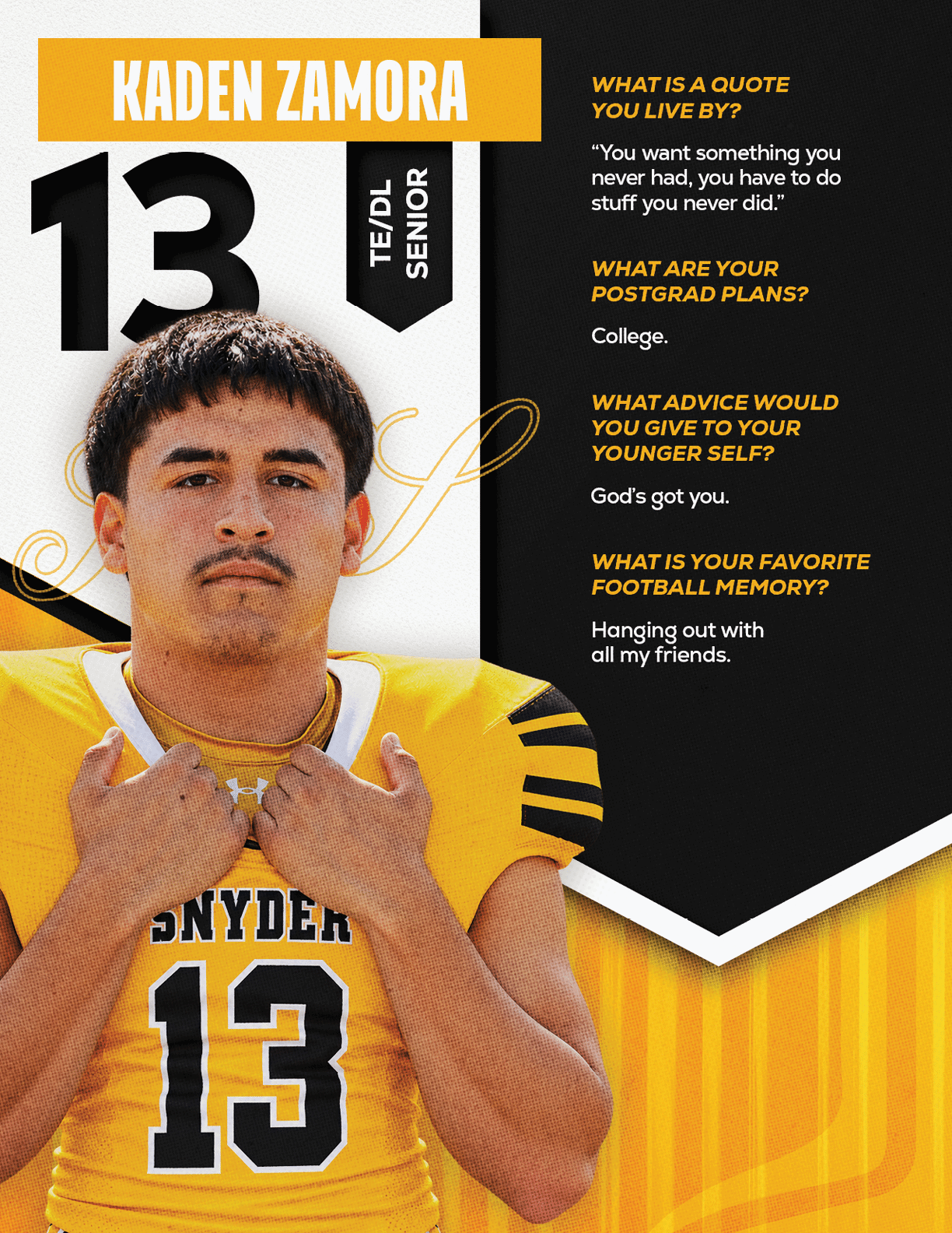A person wearing a yellow football jersey with the number 13 stands confidently with hands near the collar, accompanied by text sharing their name, grade level, and personal quotes about life, college plans, advice, and a favorite football memory. Description generated by AI
