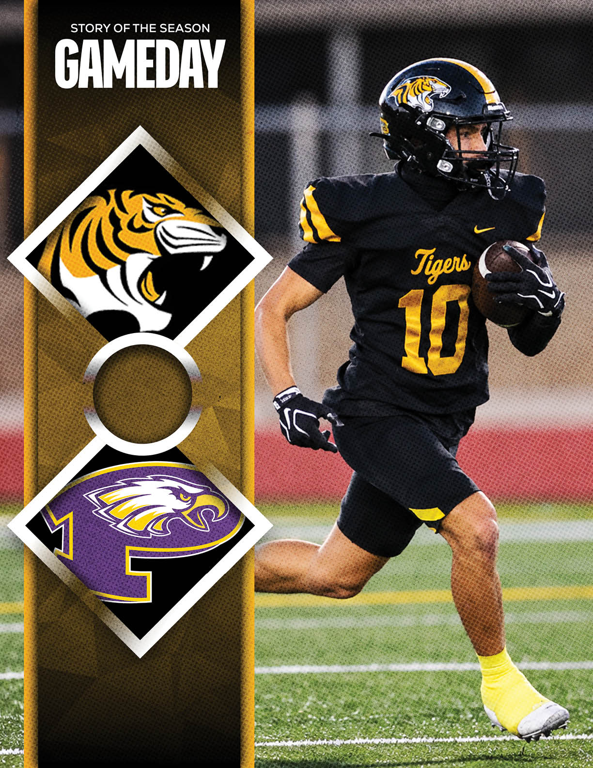 A person wearing a black football uniform with yellow accents and the number 10 is running on a field while holding a football, next to a graphic showing tiger and eagle logos with the text “GAMEDAY." Description generated by AI