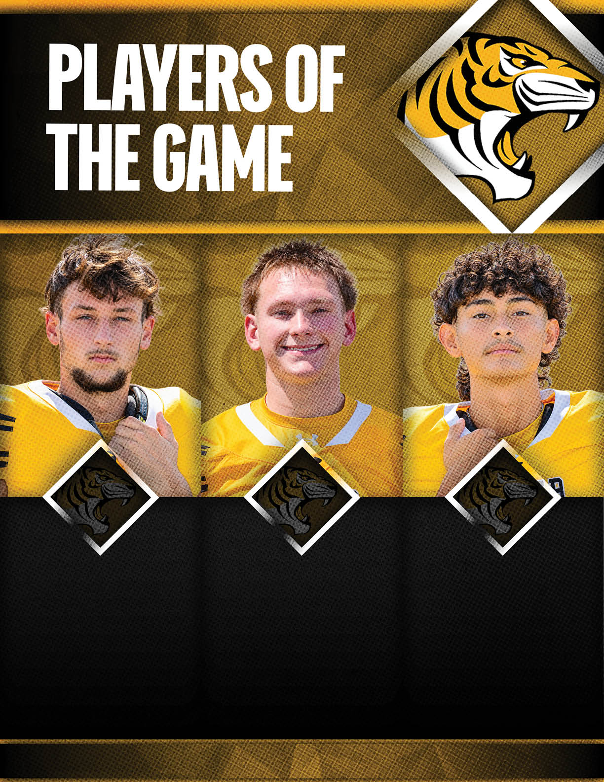 Three adults wearing yellow sports jerseys are featured as players of the game with a tiger mascot logo in a bold graphic design. Description generated by AI