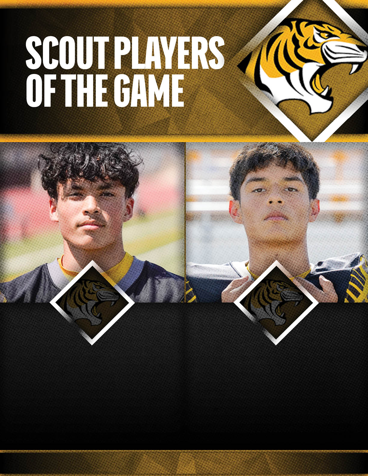 Two people wearing sports jerseys are featured as scout players of the game with a tiger logo and bold text above them. Description generated by AI