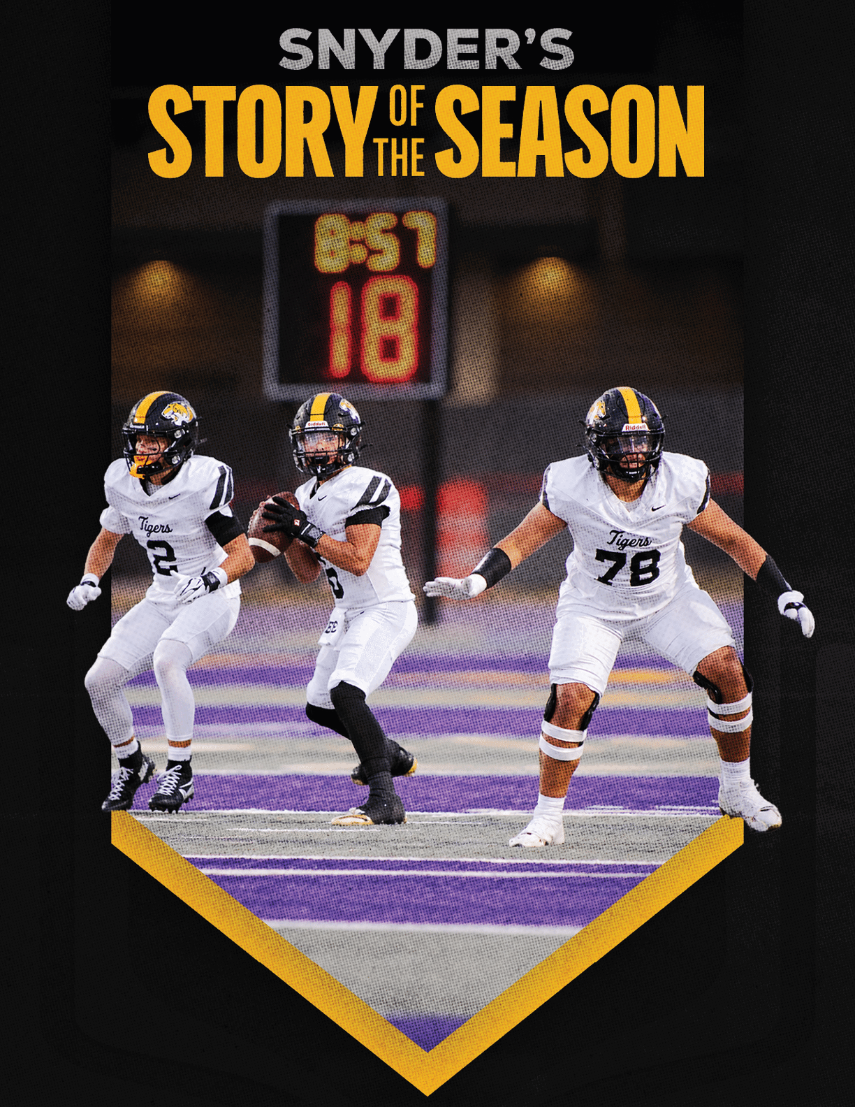 A person in a black and yellow football uniform is running on a field while holding a football, with the text “Snyder's Story of the Season" above. Description generated by AI