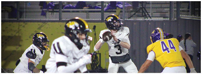 People wearing football helmets and uniforms are engaged in a play on a lit outdoor field at night. Description generated by AI