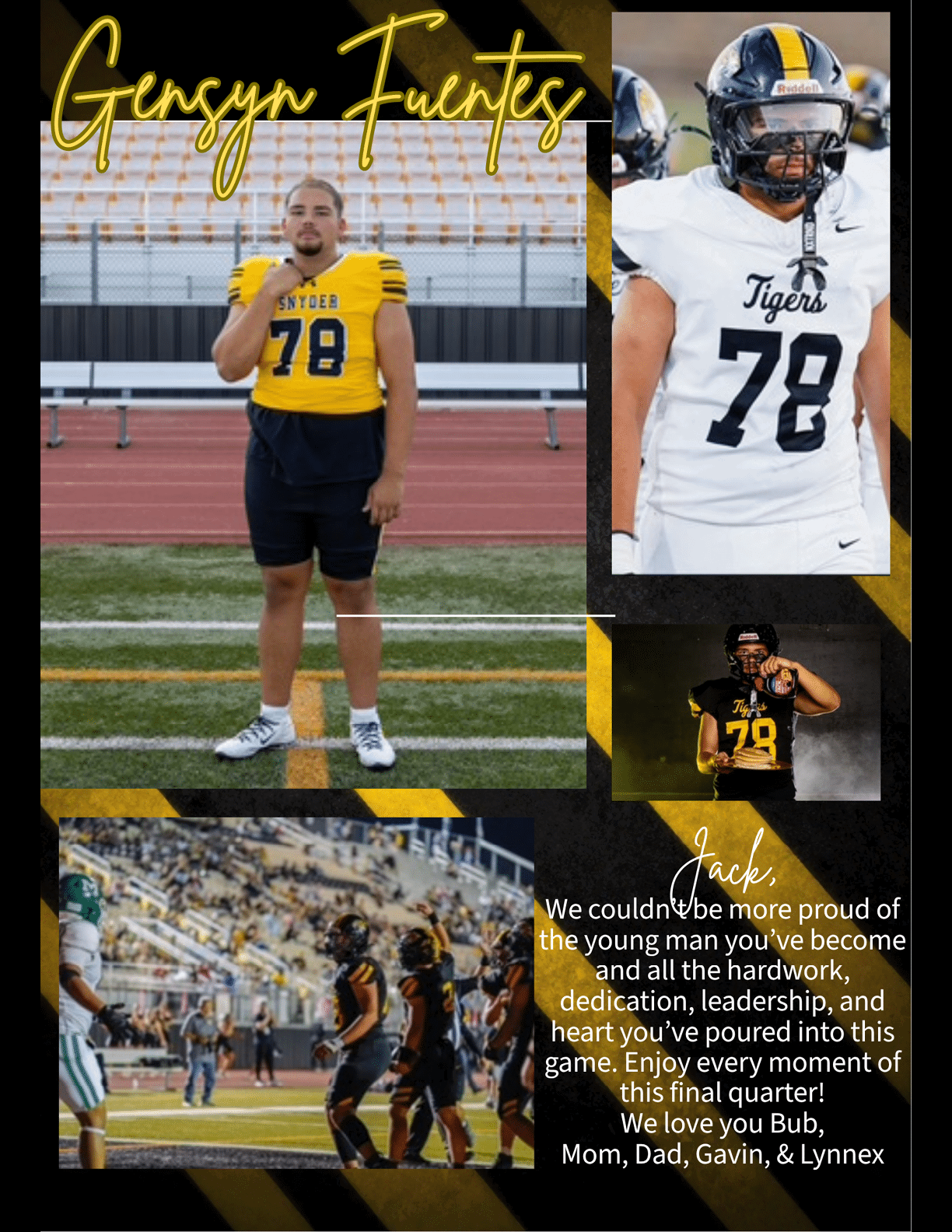 A collage showing a person in various football uniforms with the number 78, standing on a field, posing in a studio, and playing in a game, accompanied by a heartfelt message from family expressing pride and love. Description generated by AI