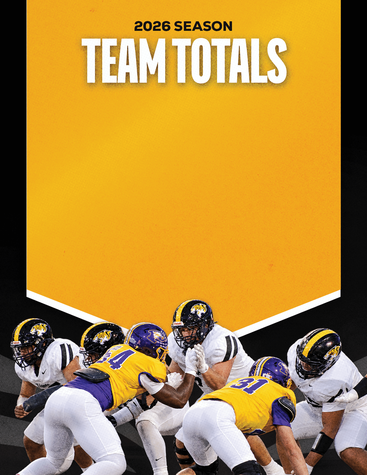 A group of football players in yellow and white uniforms are positioned on the field preparing for a play under a banner that reads “2026 Season Team Totals." Description generated by AI