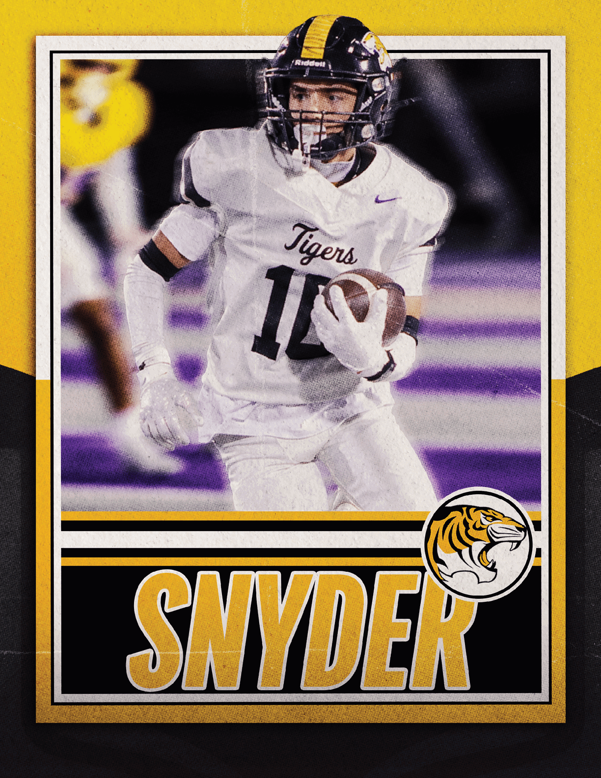 A person in a black and yellow football uniform is holding a football and running on a field with a yellow graphic background and the text “Snyder Football." Description generated by AI