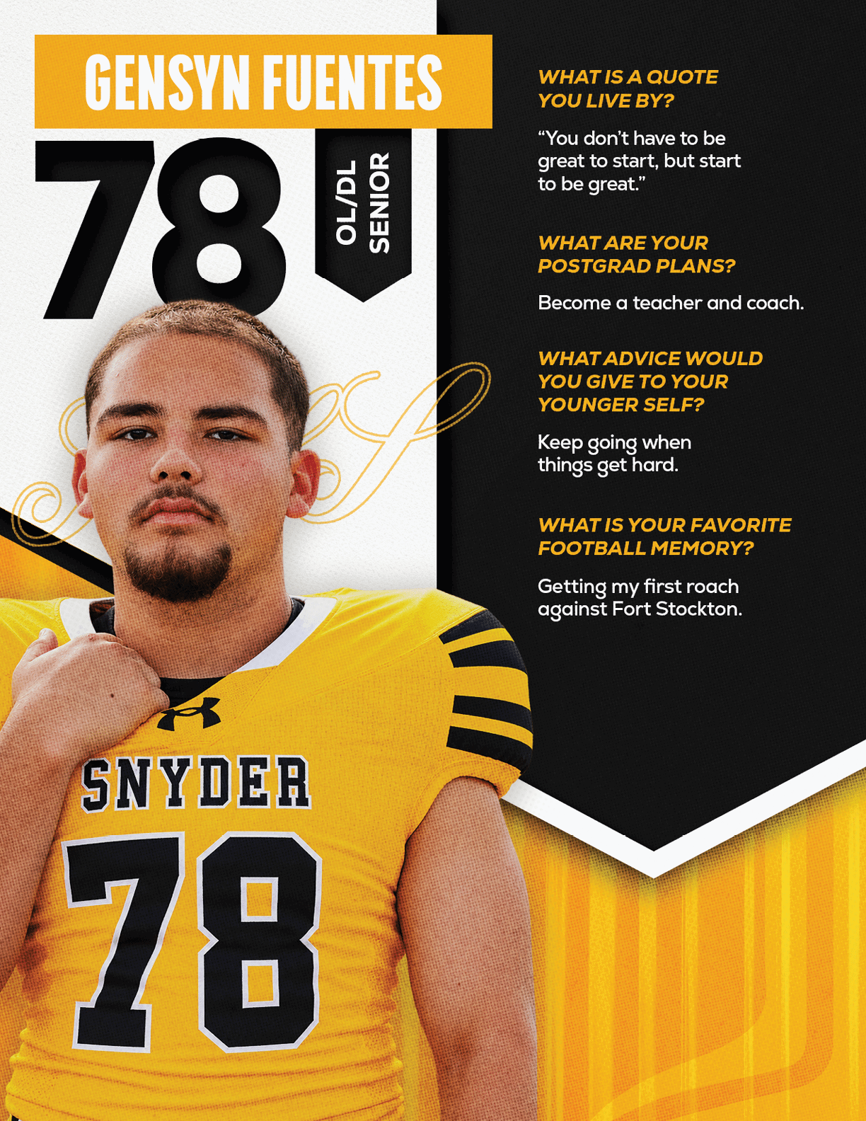 A person wearing a yellow and black Snyder football jersey with the number 78 stands next to text featuring their name Gensyn Fuentes, position OL/DL, senior status, and answers about a favorite quote, postgrad plans, advice to younger self, and favorite football memory. Description generated by AI
