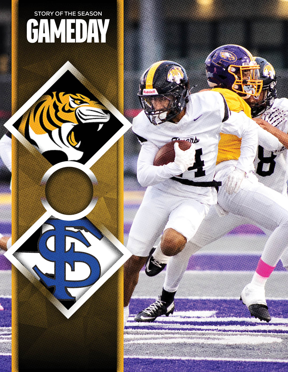 A person wearing a black football uniform with yellow accents and the number 10 is running on a field while holding a football, next to a graphic showing tiger and eagle logos with the text “GAMEDAY." Description generated by AI