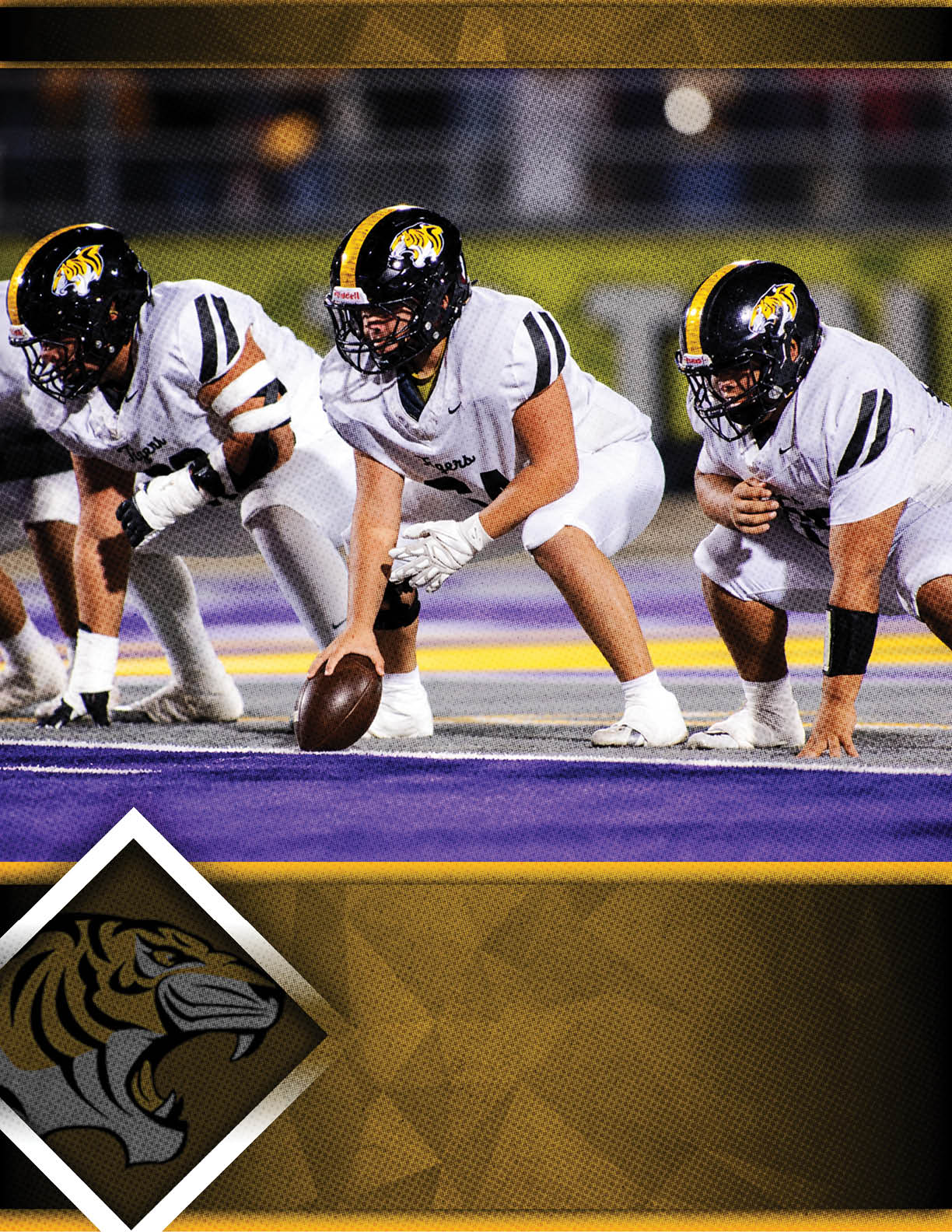 Three people in white football uniforms and black helmets are lined up on a purple field preparing for a play. Description generated by AI