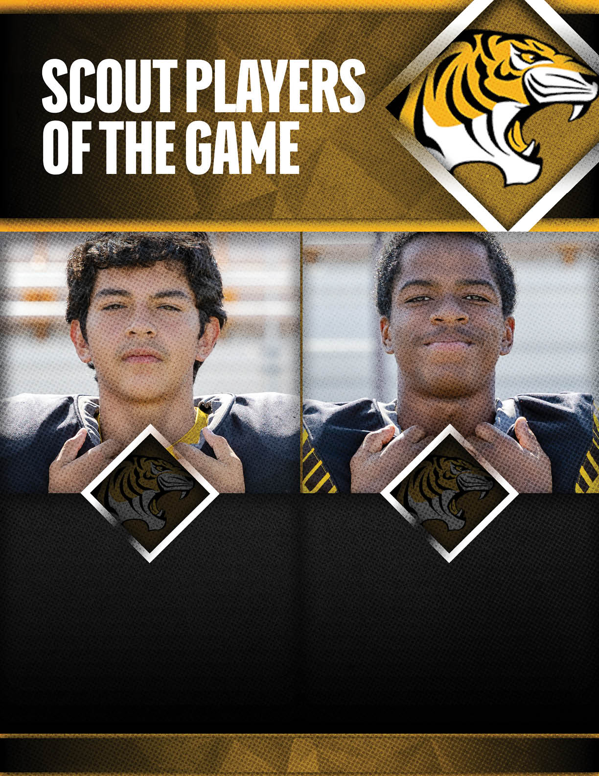 Two people in sports uniforms are featured as scout players of the game with a tiger logo and bold text on a gold and black background. Description generated by AI