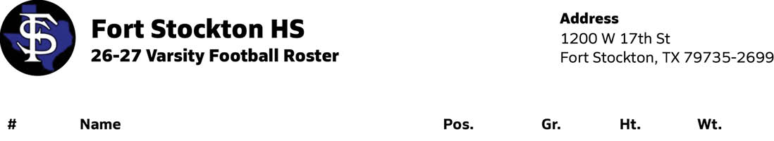 A varsity football roster for Pecos High School listing player names, positions, grades, and jersey numbers for the 26-27 season with the school logo and address. Description generated by AI