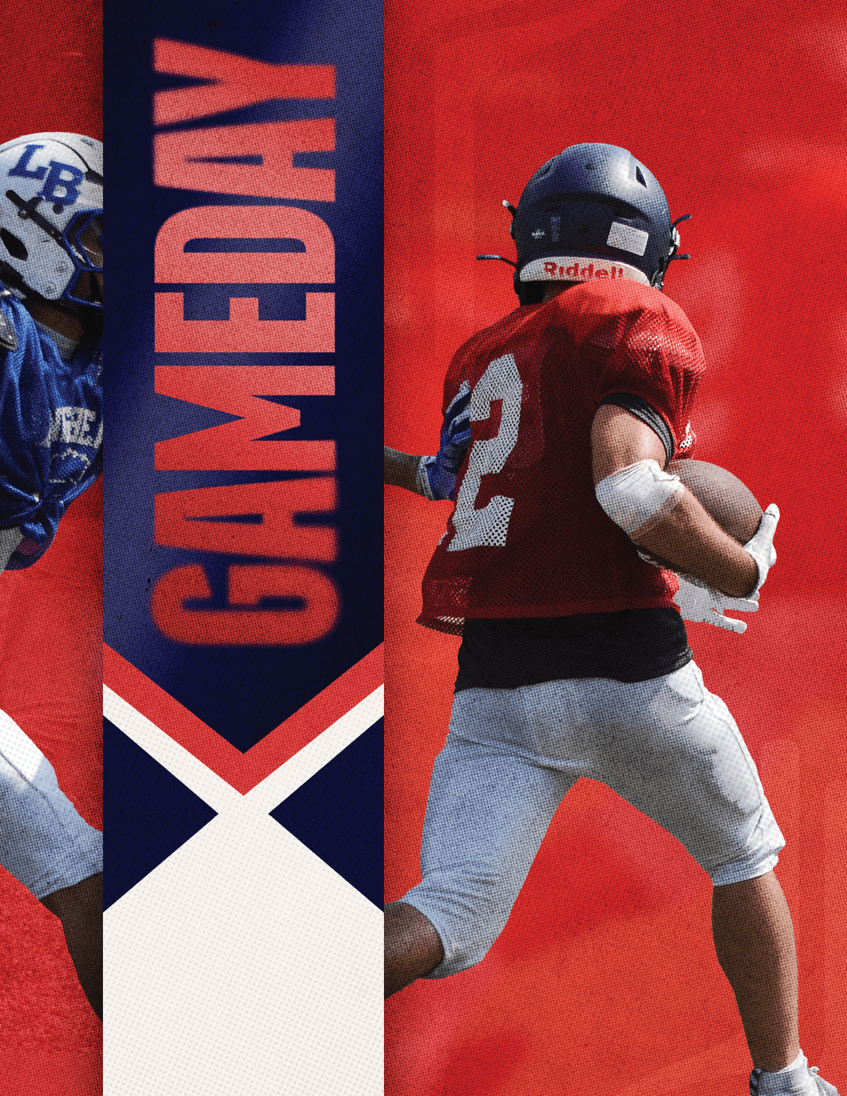 A football player is tackled by another player. Description generated by AI