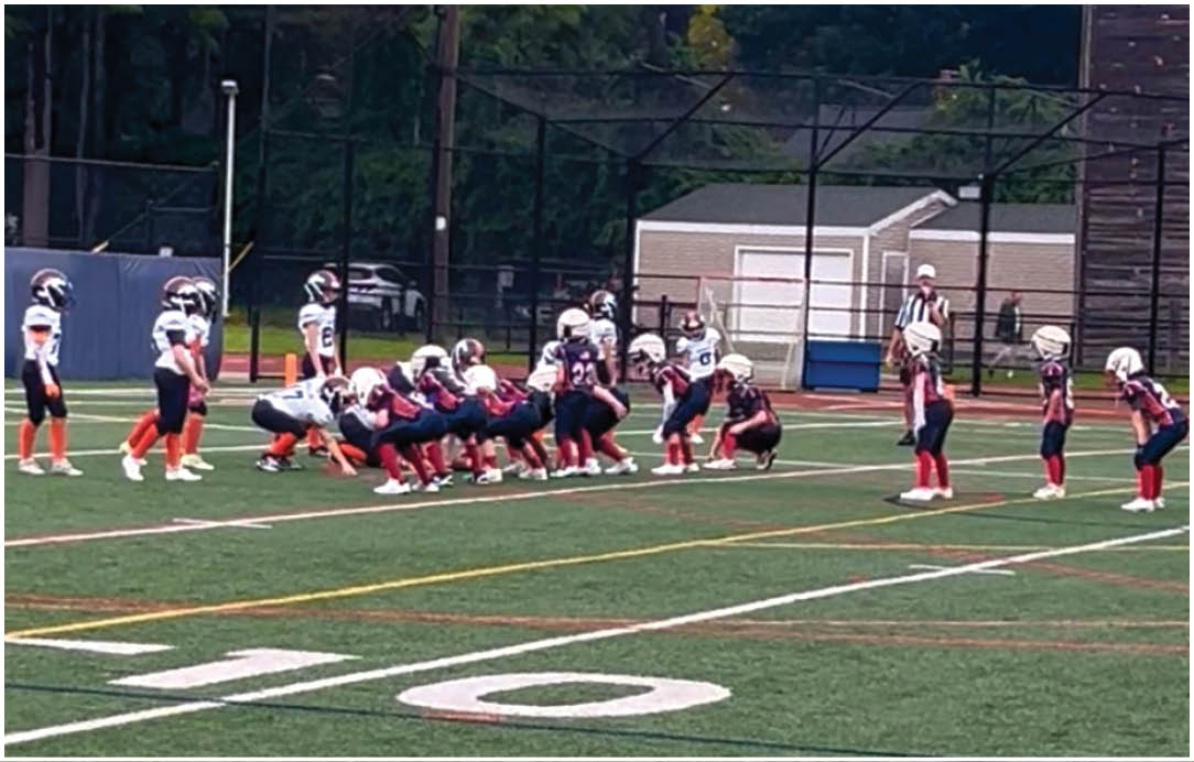 Three football players in blue and white uniforms running on a field. Description generated by AI
