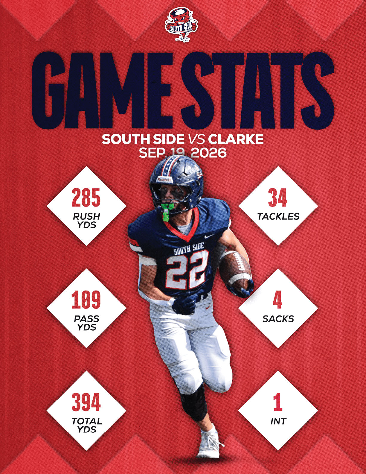 A football player wearing a blue and red jersey. Description generated by AI