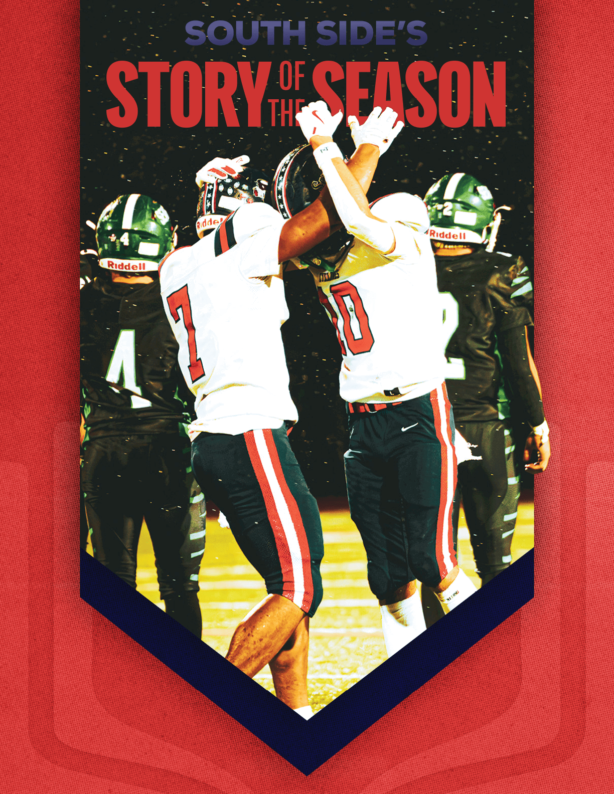 A group of football players huddled together. Description generated by AI