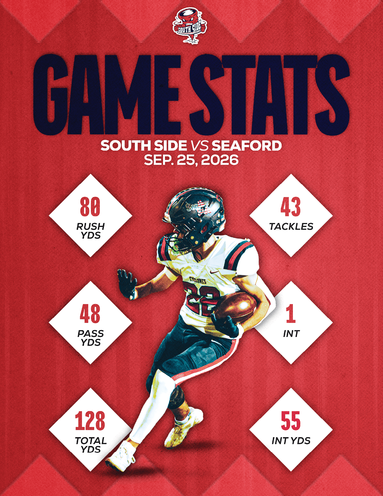 A football player wearing a blue and red jersey. Description generated by AI