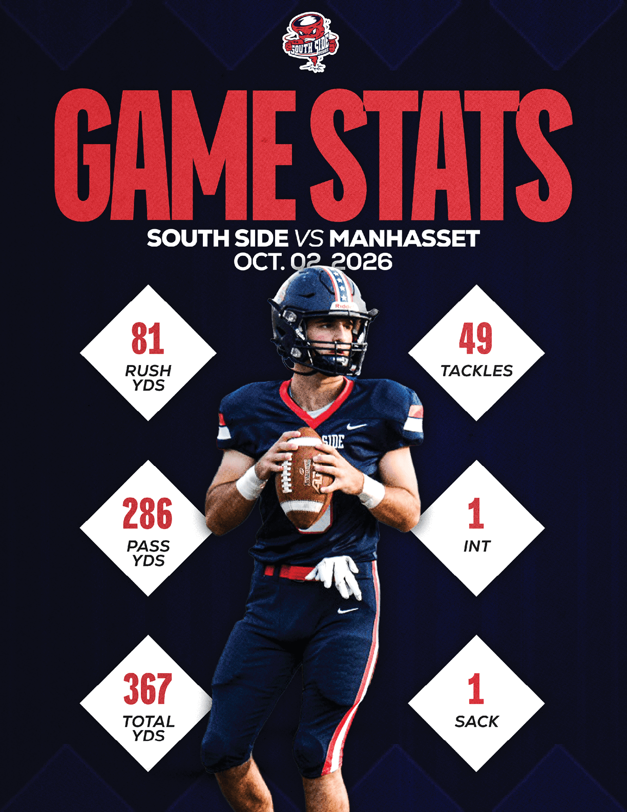 A football player wearing a blue and red jersey. Description generated by AI