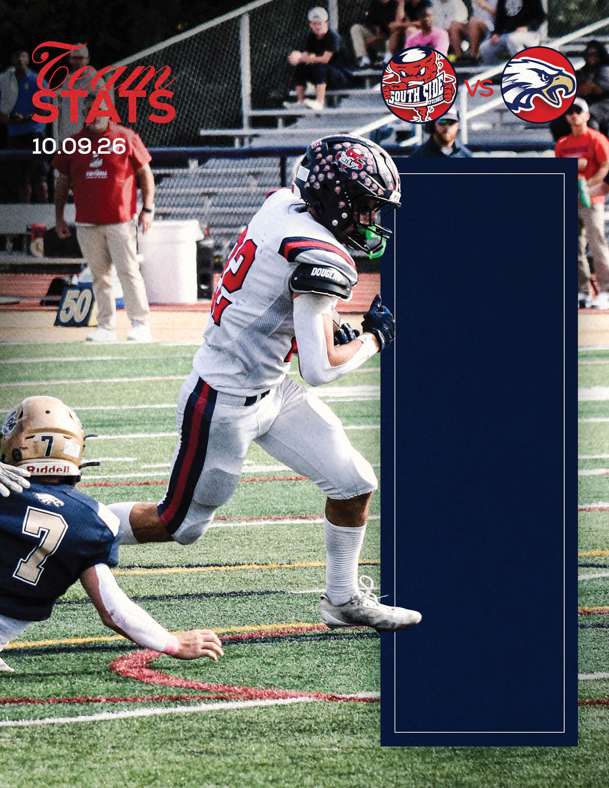 A football player wearing a blue and red jersey. Description generated by AI