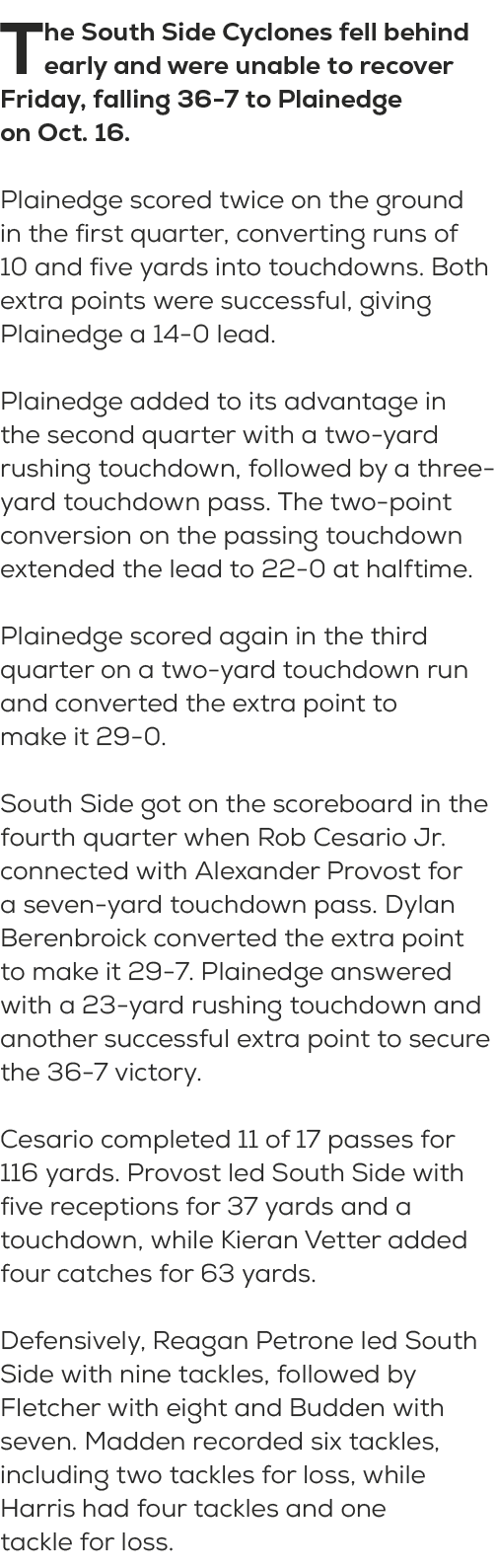 The South Side Cyclones fell behind early and were unable to recover Friday, falling 36 7 to Plainedge on Oct. 16. Pl...