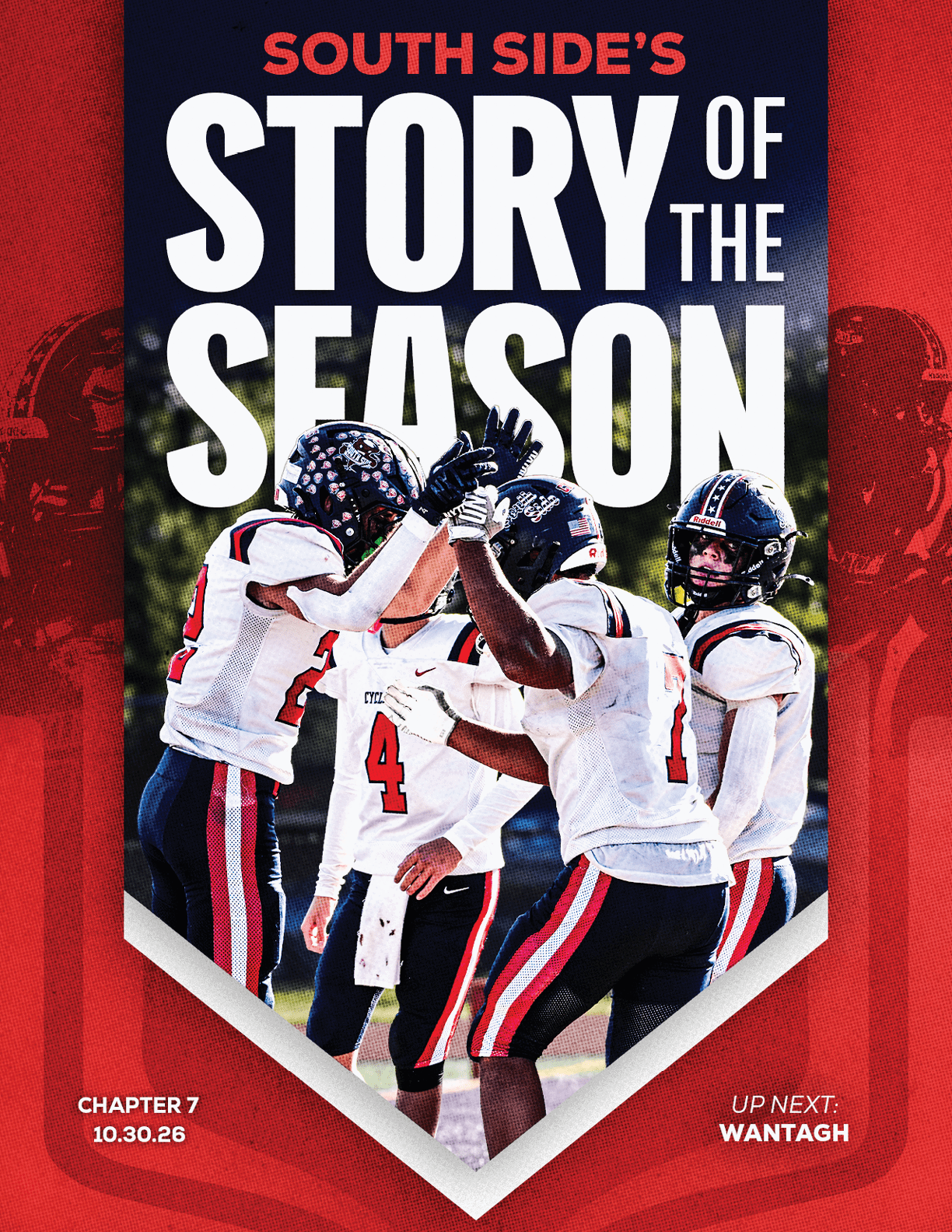 A group of football players huddled together. Description generated by AI