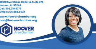A woman is smiling in a picture for Hoover Area Chamber of Commerce. AI generated content
