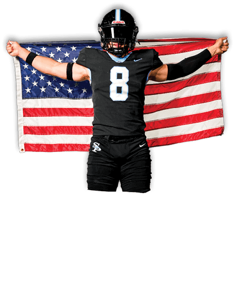 A football player in a black jersey with the number 8 on it stands on a field holding an American flag. AI generated content