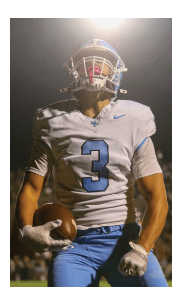 A football player wearing a white jersey with the number 3 on it is holding a football. AI generated content