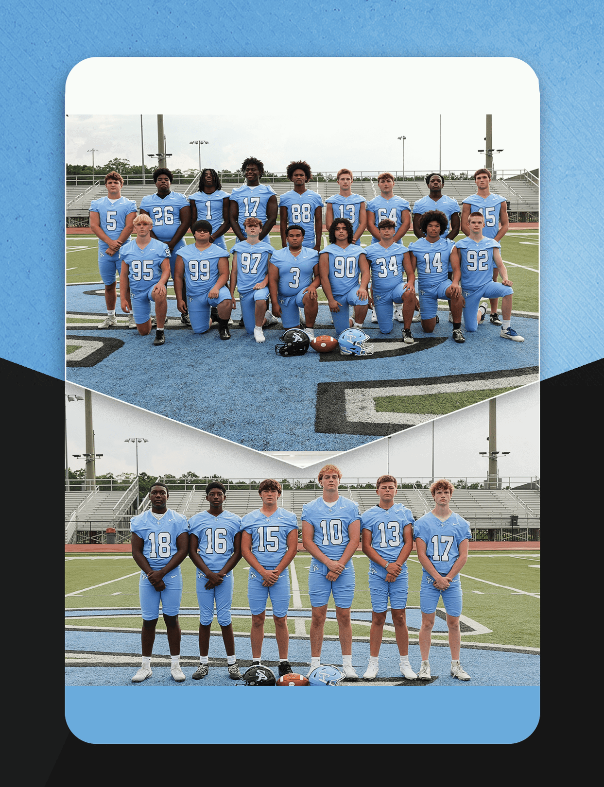 A group of football players in blue uniforms pose for a photo. AI generated content