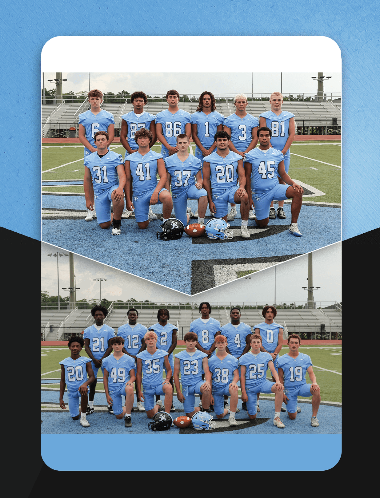 A group of young men in blue jerseys pose for a photo on a football field. AI generated content