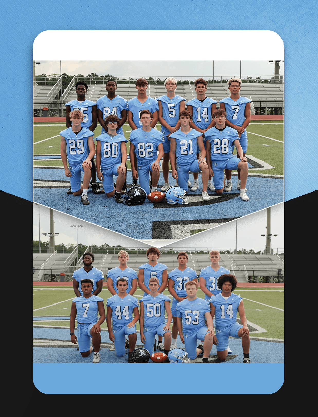 A group of young men in blue jerseys pose for a photo on a football field. AI generated content
