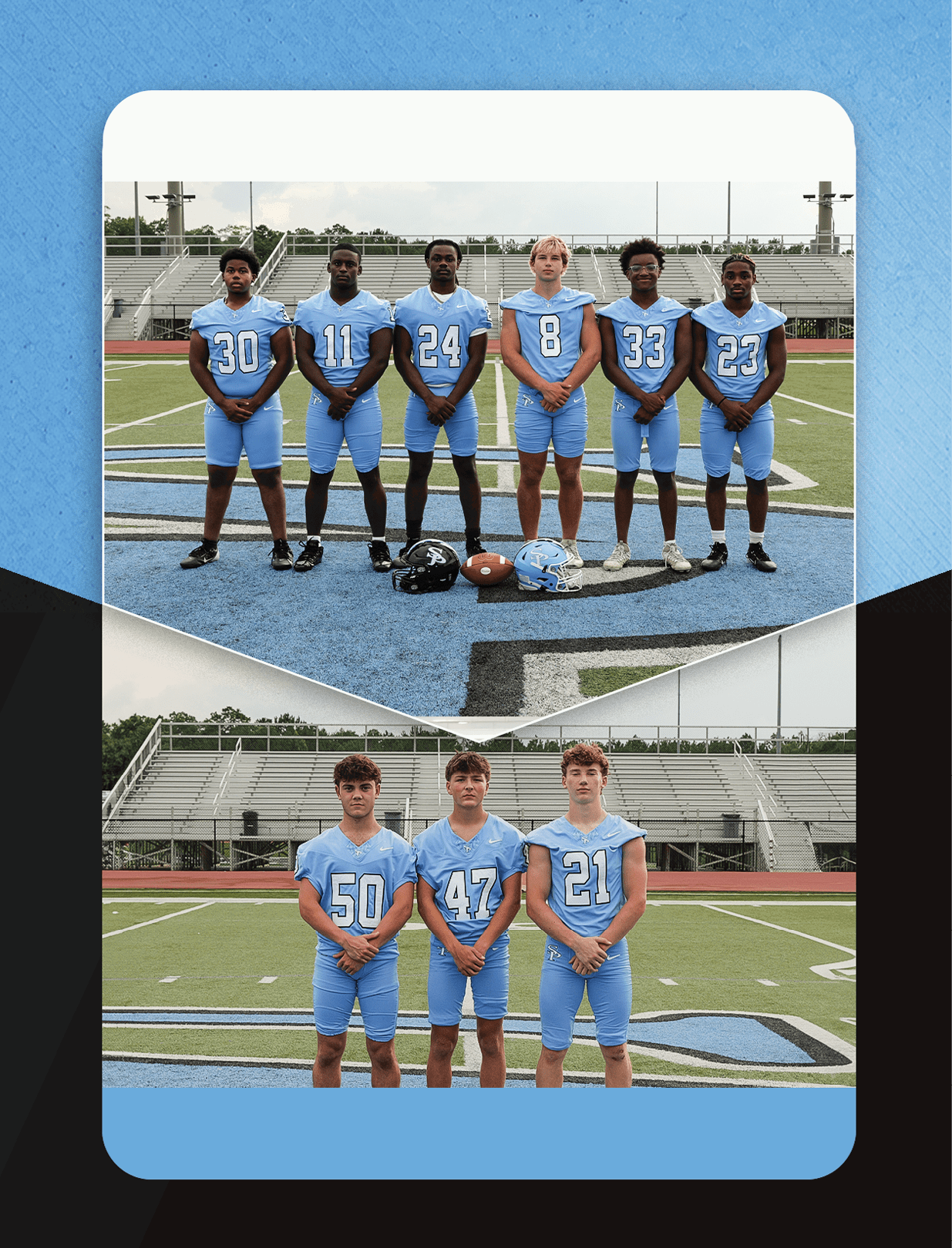A group of young men in blue uniforms pose for a photo on a football field. AI generated content