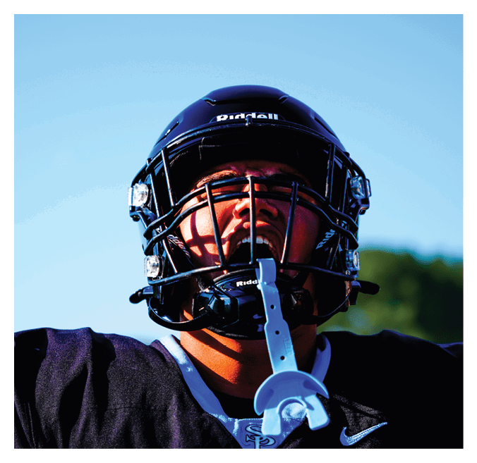 A football player wearing a helmet and a jersey with the number 53 on it. AI generated content