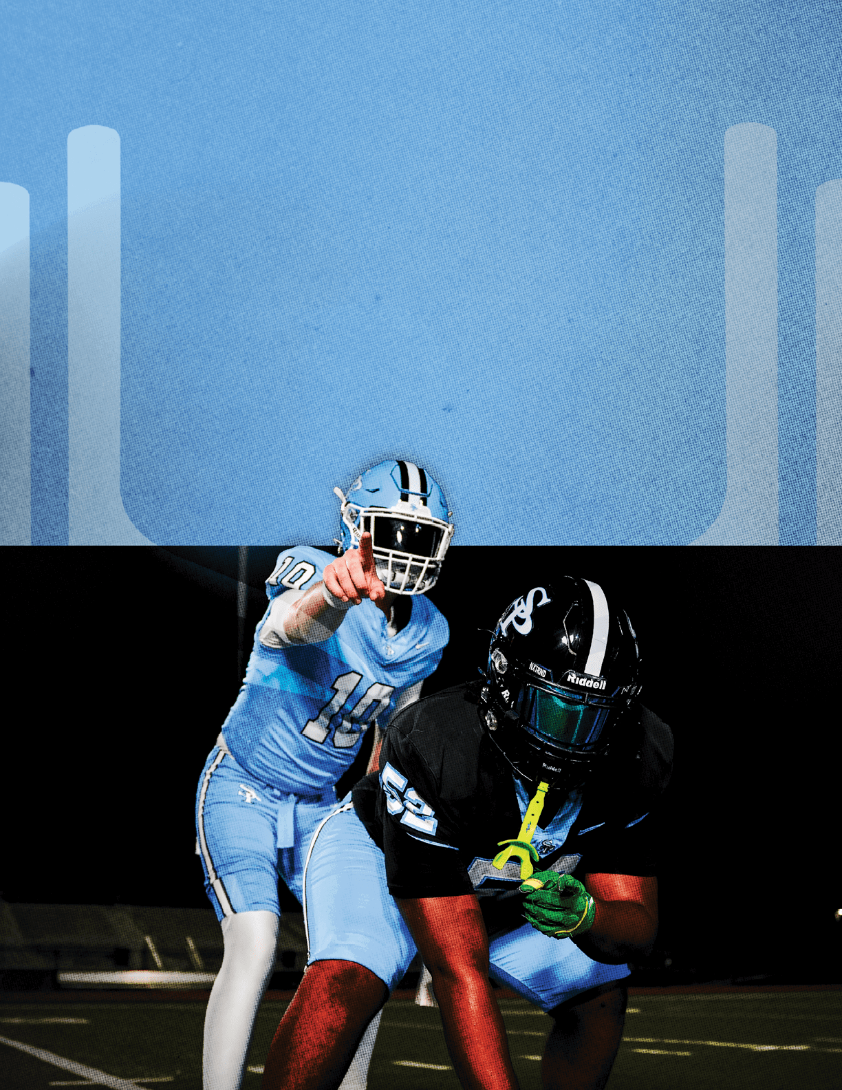 Two football players in blue uniforms are on the field, one pointing at the other. AI generated content