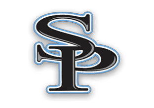 A logo for a college sports team is displayed in black and blue. AI generated content