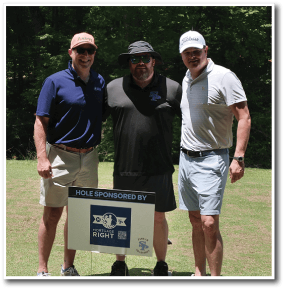 Three men pose for a photo on a golf course. AI generated content