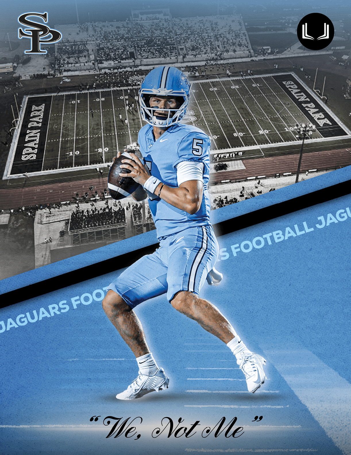 A football player in a blue uniform holding a football. AI generated content