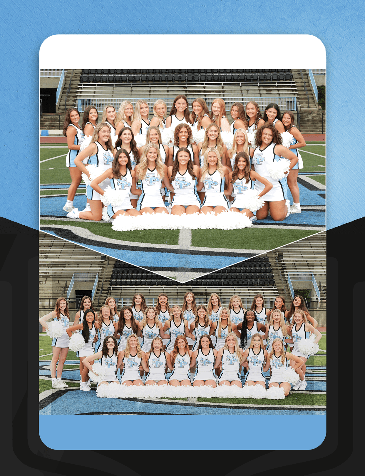 A group of cheerleaders in blue and white uniforms pose for a photo. AI generated content