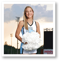 A cheerleader in a blue and white uniform holding a white pom pom. AI generated content