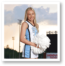 A cheerleader in a blue and white uniform holds a white pom pom. AI generated content
