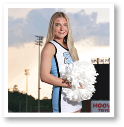 A cheerleader in a blue and white uniform holds a white pom pom. AI generated content