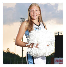 A girl in a cheerleading outfit holds a white pompom. AI generated content
