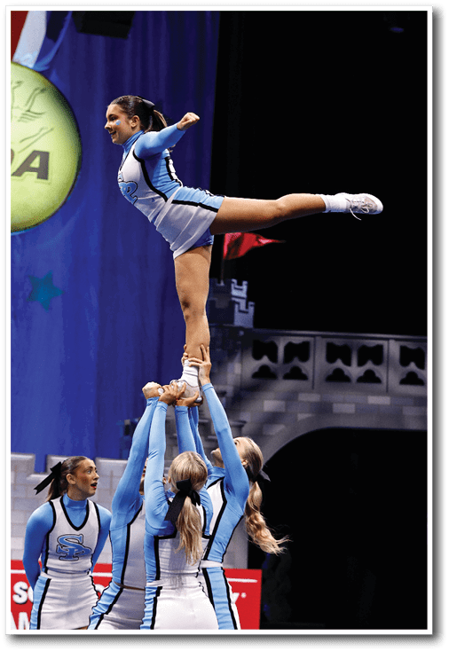 A gymnast performs a trick on a high beam, surrounded by her teammates. AI generated content