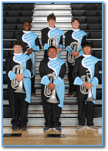 A group of five young men wearing uniforms and holding brass instruments pose for a picture. AI generated content