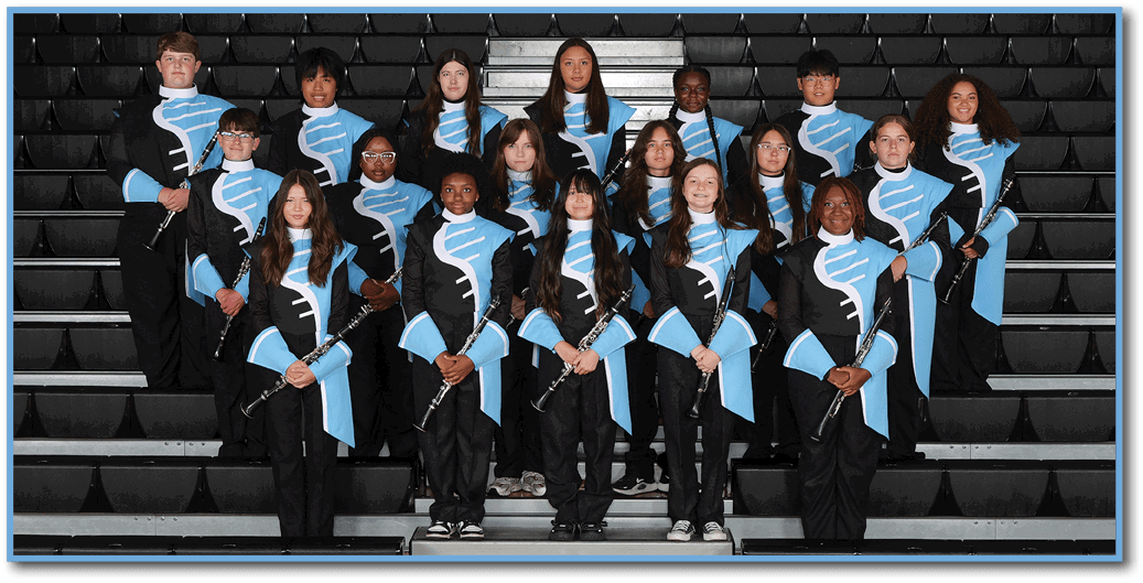 A group of young people wearing black and blue uniforms pose for a picture. AI generated content